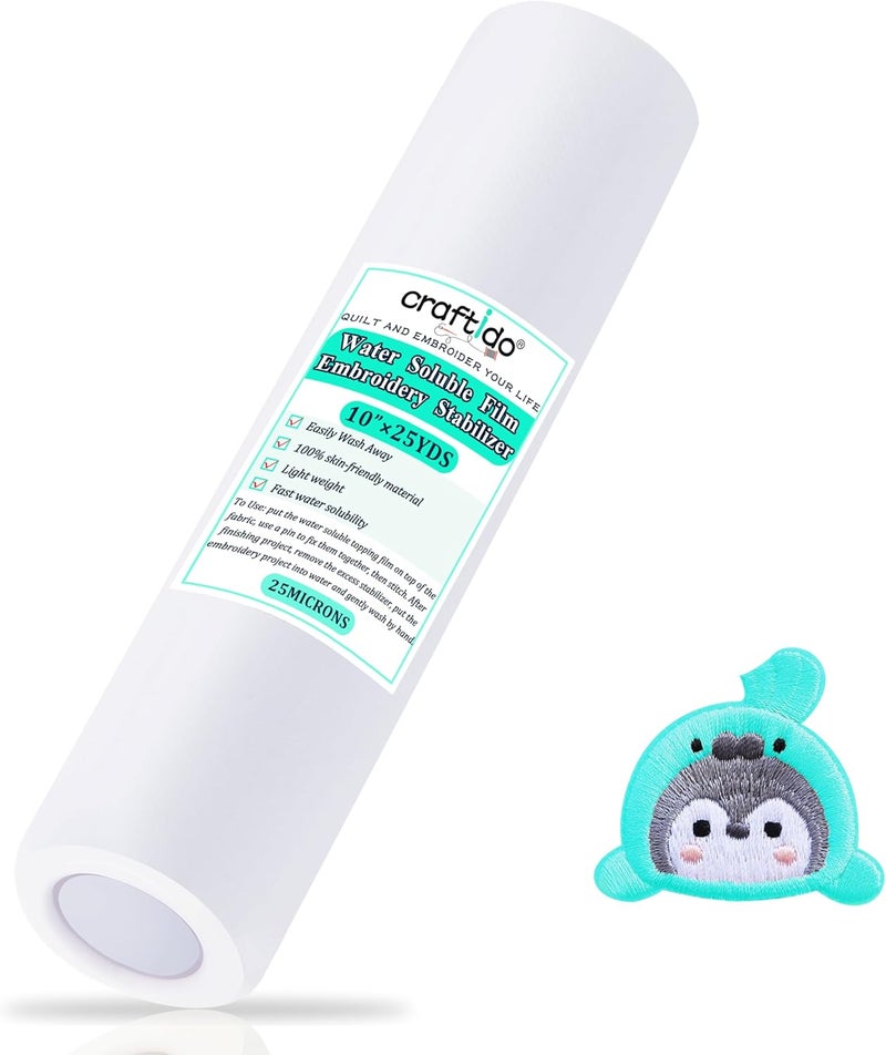 craftido Clear Wash Away/Water Soluble Embroidery Stabilizer Topping Film 10" x 25 Yd/roll Compatible with Most Hoops 25µm Light Weight for Machine Embroidery and Hand Sewing - Image 1